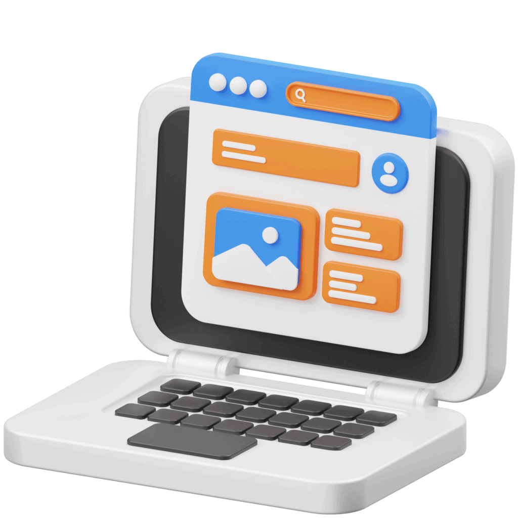 3D illustration of search engine interface on laptop.